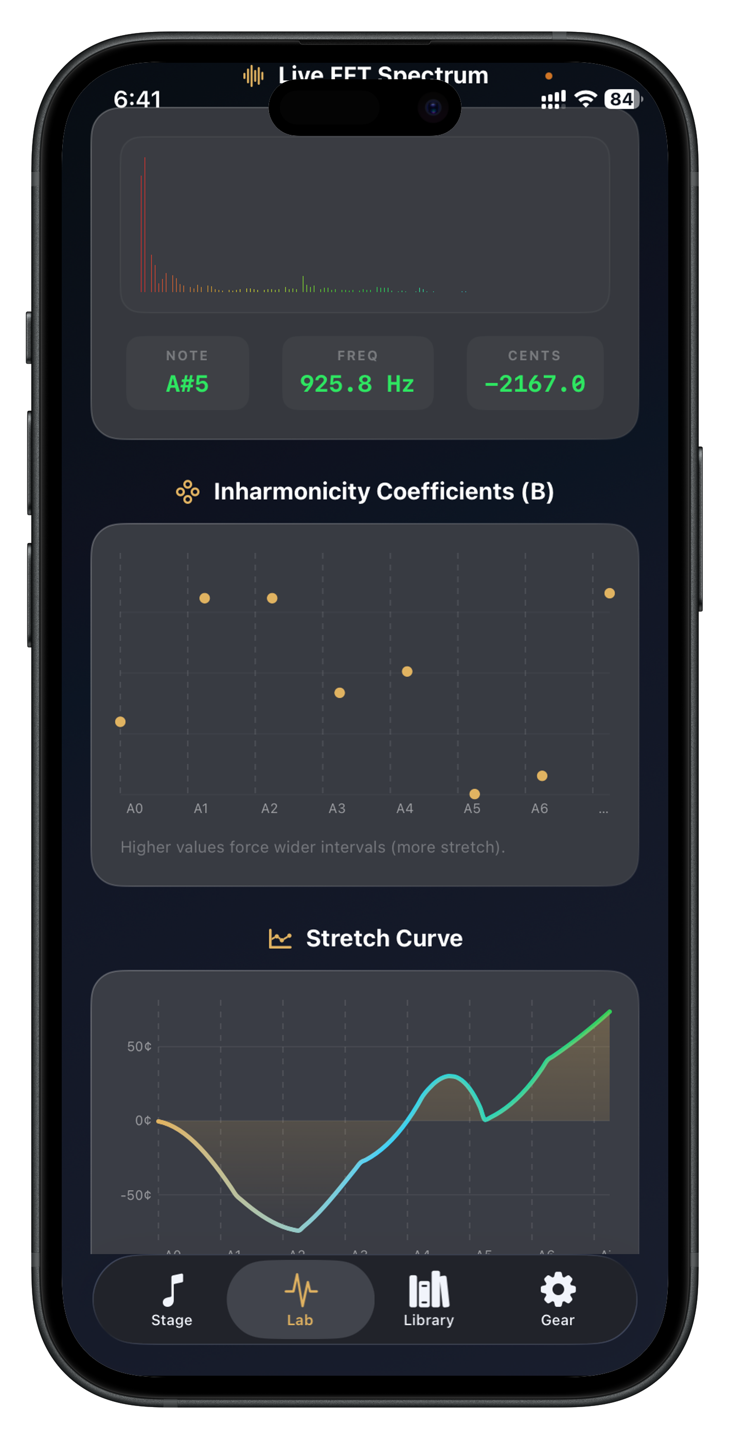 Tempera inharmonicity analysis screen